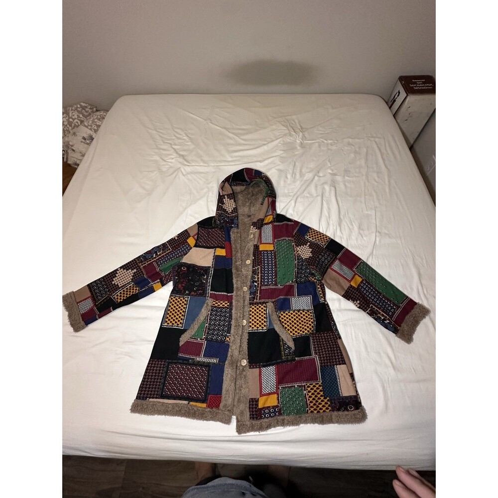 Vintage Patchwork Hooded Teddy Lined Coat Jacket Womens 3XL Boho Colorful